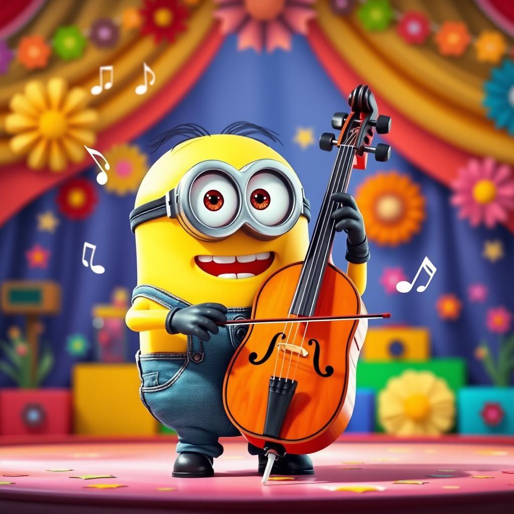 A lively and adorable minion from Despicable Me, skillfully playing a cello on a colorful stage filled with cheerful decorations