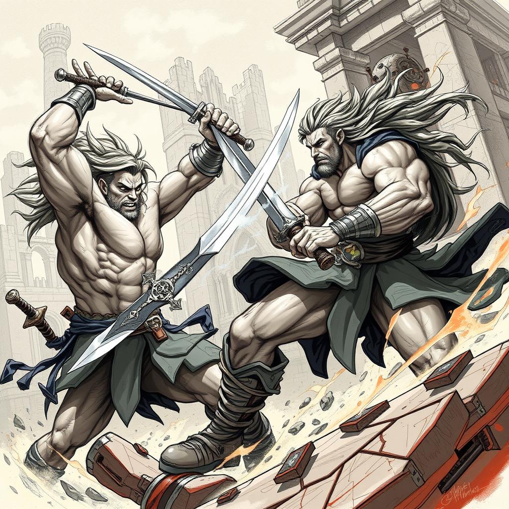 dynamic sketches of epic fight scenes, showcasing intense action between muscular warriors in a dramatic fantasy setting, swords clashing, dramatic facial expressions, flowing hair, and dynamic poses, detailed backgrounds with ruins and mystical elements, emphasis on motion and energy, vivid colors, highly stylized artwork