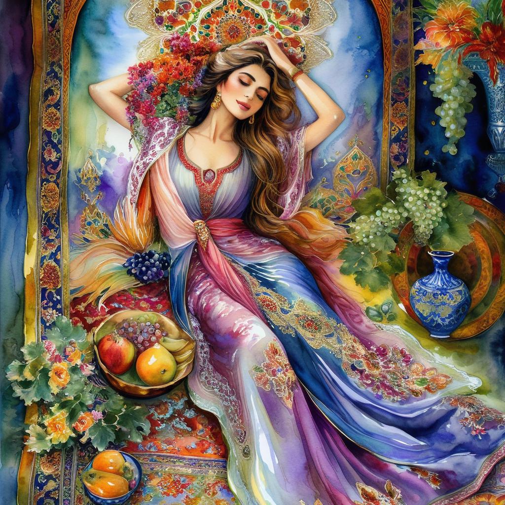 A mystical and spiritual watercolor painting of a beautiful Iranian woman reclining on a royal back inside a beautiful Iranian home with shiny and colorful silk carpets, fruit and grape dishes, traditional vases, and colorful flowers