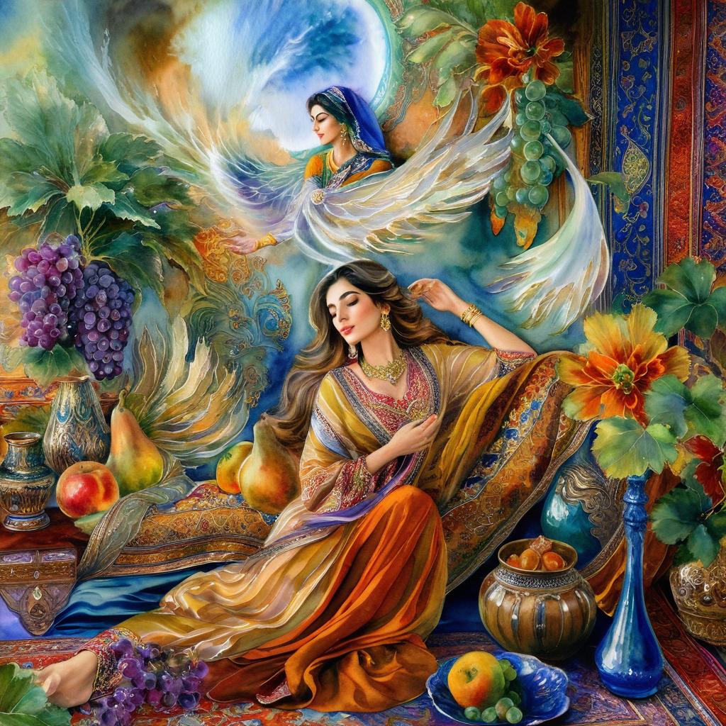 A mystical and spiritual watercolor painting of a beautiful Iranian woman reclining on a royal back inside a beautiful Iranian home with shiny and colorful silk carpets, fruit and grape dishes, traditional vases, and colorful flowers