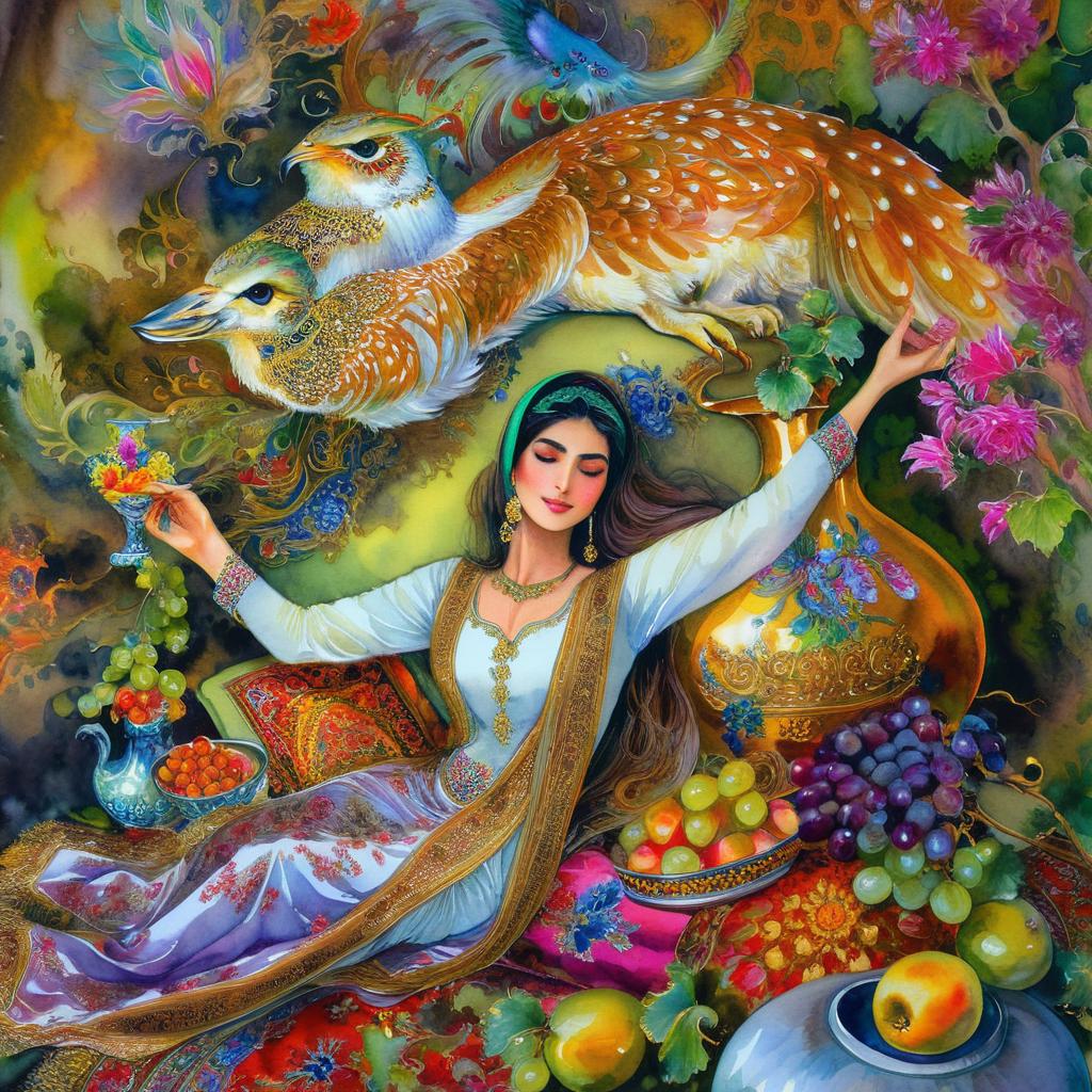 A mystical and spiritual watercolor painting of a beautiful Iranian woman reclining on a royal back inside a beautiful Iranian home with shiny and colorful silk carpets, fruit and grape dishes, traditional vases, and colorful flowers