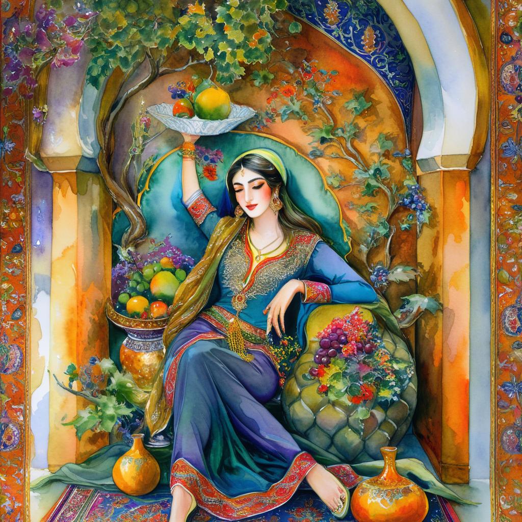A mystical and spiritual watercolor painting of a beautiful Iranian woman reclining on a royal back inside a beautiful Iranian home with shiny and colorful silk carpets, fruit and grape dishes, traditional vases, and colorful flowers