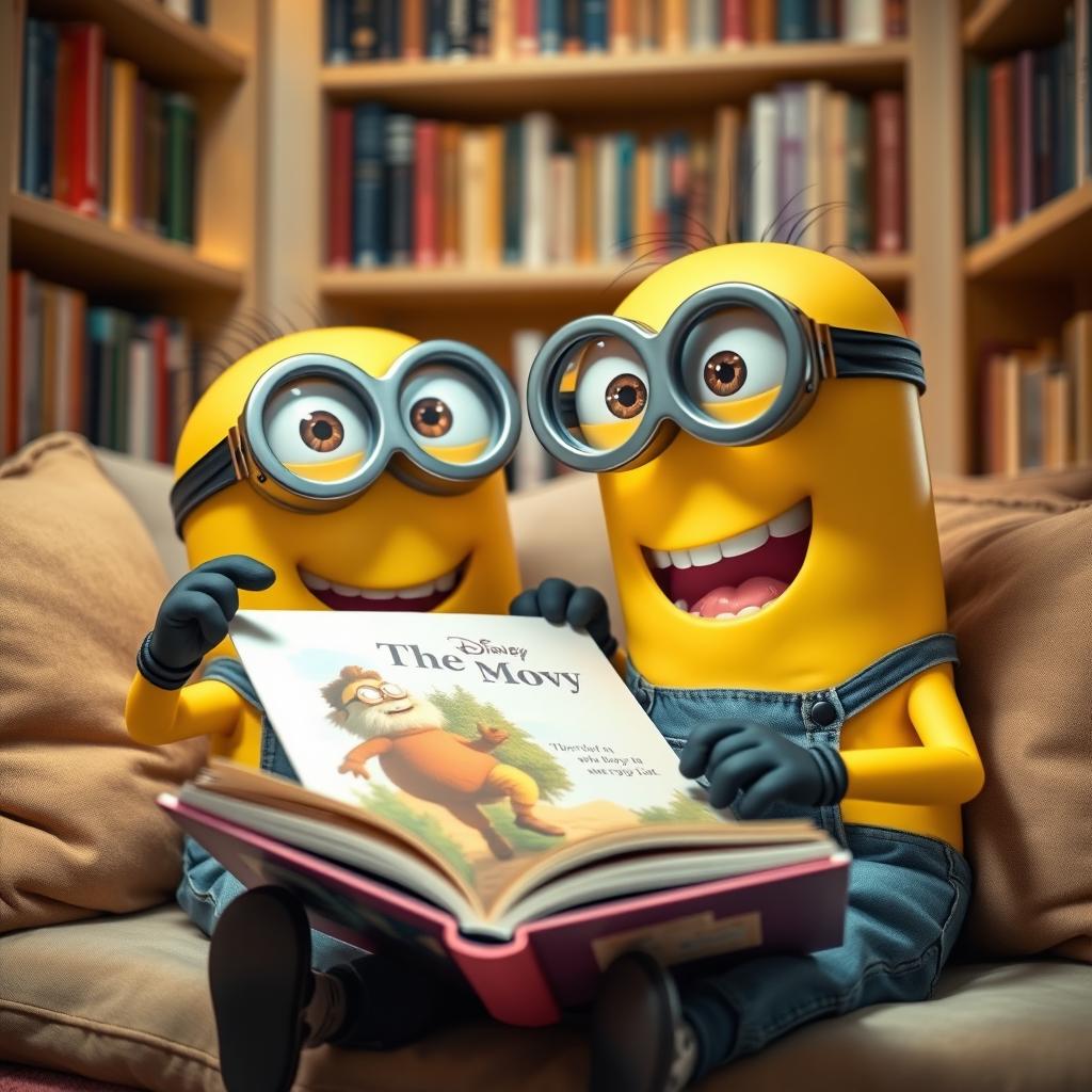A delightful scene featuring two adorable yellow minions sitting close together, sharing a large, colorful storybook in a cozy nook