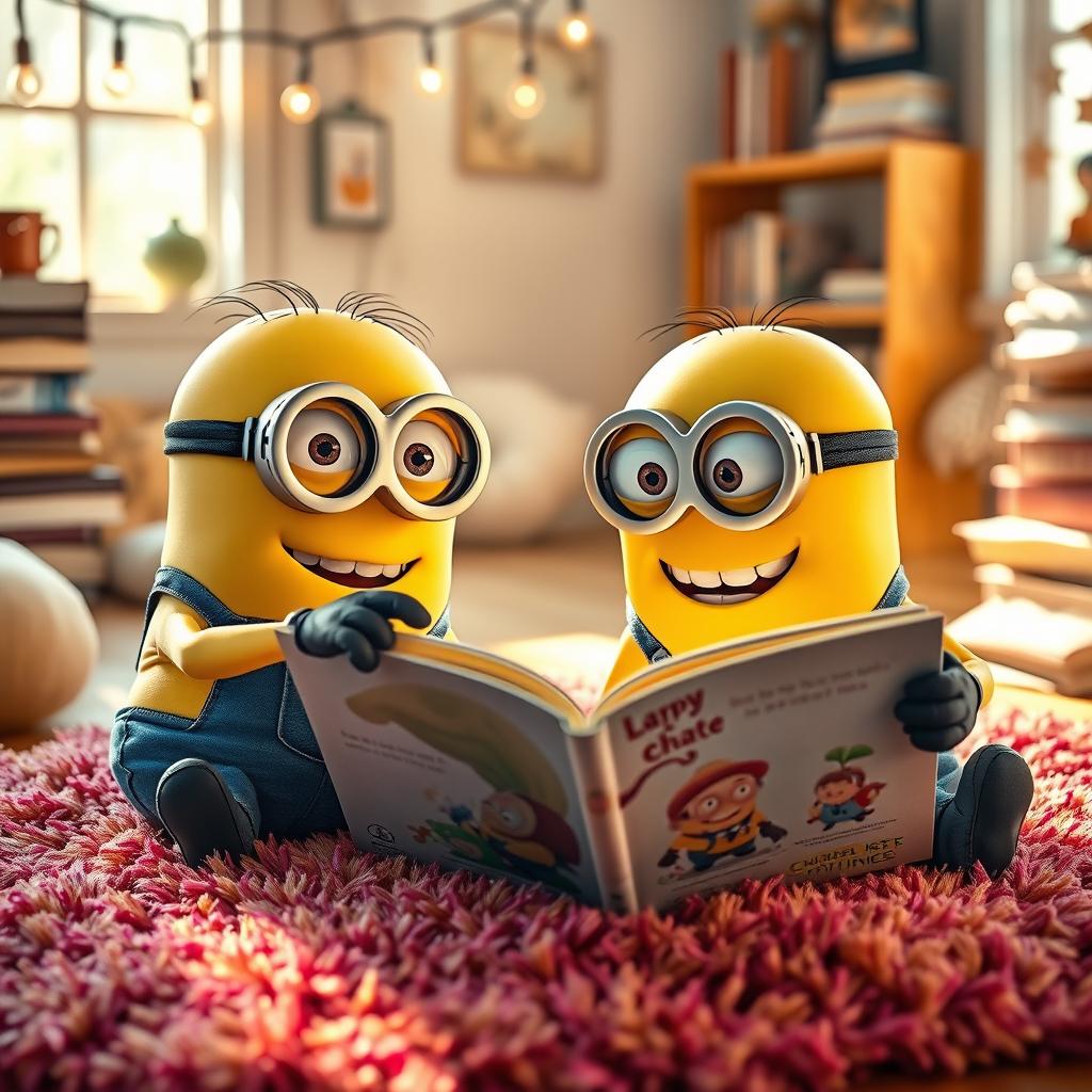 A heartwarming scene of two cheerful yellow minions sitting together on a fluffy colorful rug, eagerly reading a large, illustrated storybook