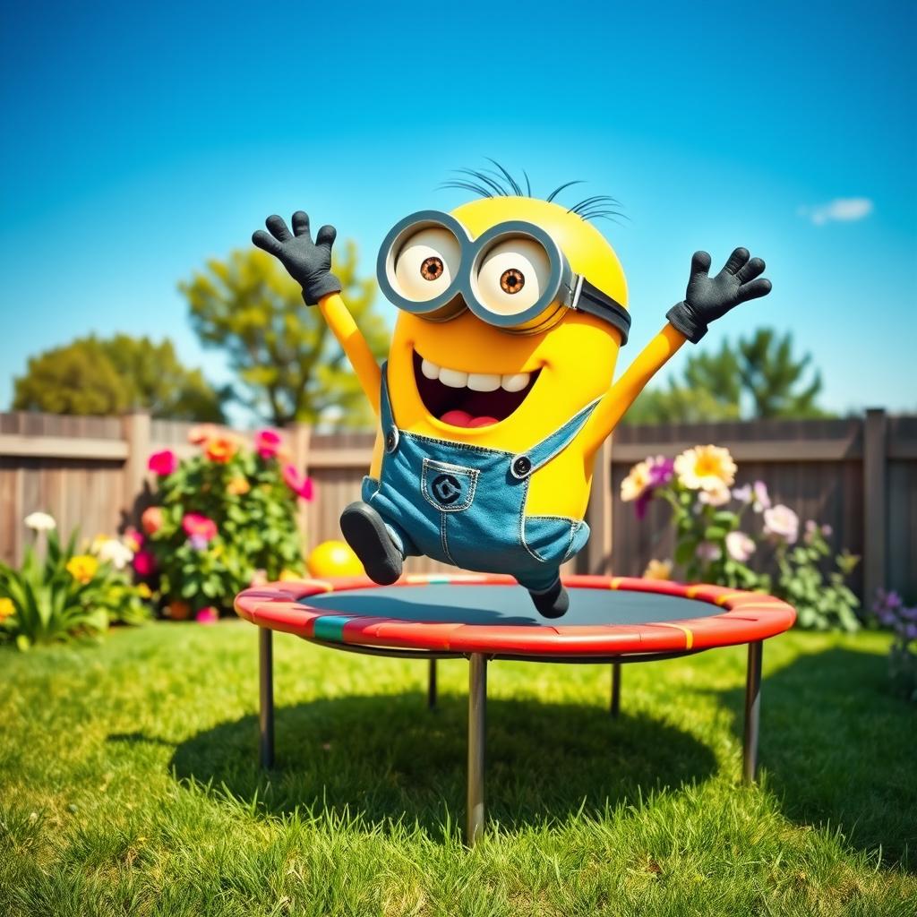 A lively scene showcasing a cheerful yellow minion bouncing joyfully on a colorful trampoline in a sunny backyard