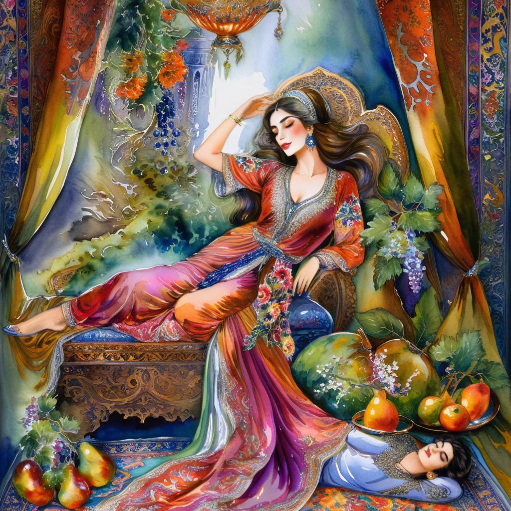 A mystical and spiritual watercolor painting of a beautiful Iranian woman reclining on a royal back inside a beautiful Iranian home with shiny and colorful silk carpets, fruit and grape dishes, traditional vases, and colorful flowers