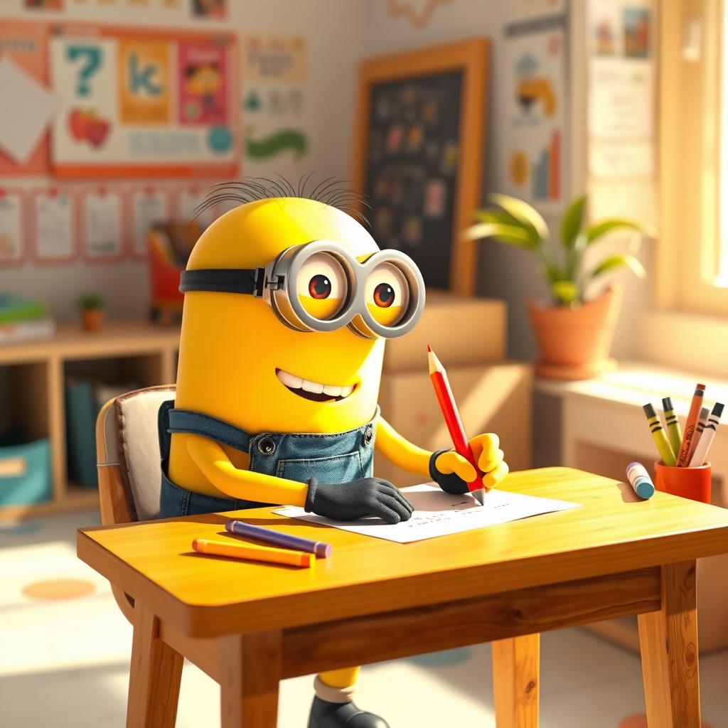 A whimsical scene of a cute yellow minion sitting at a small wooden desk, intently writing with a bright red pencil on a piece of white paper