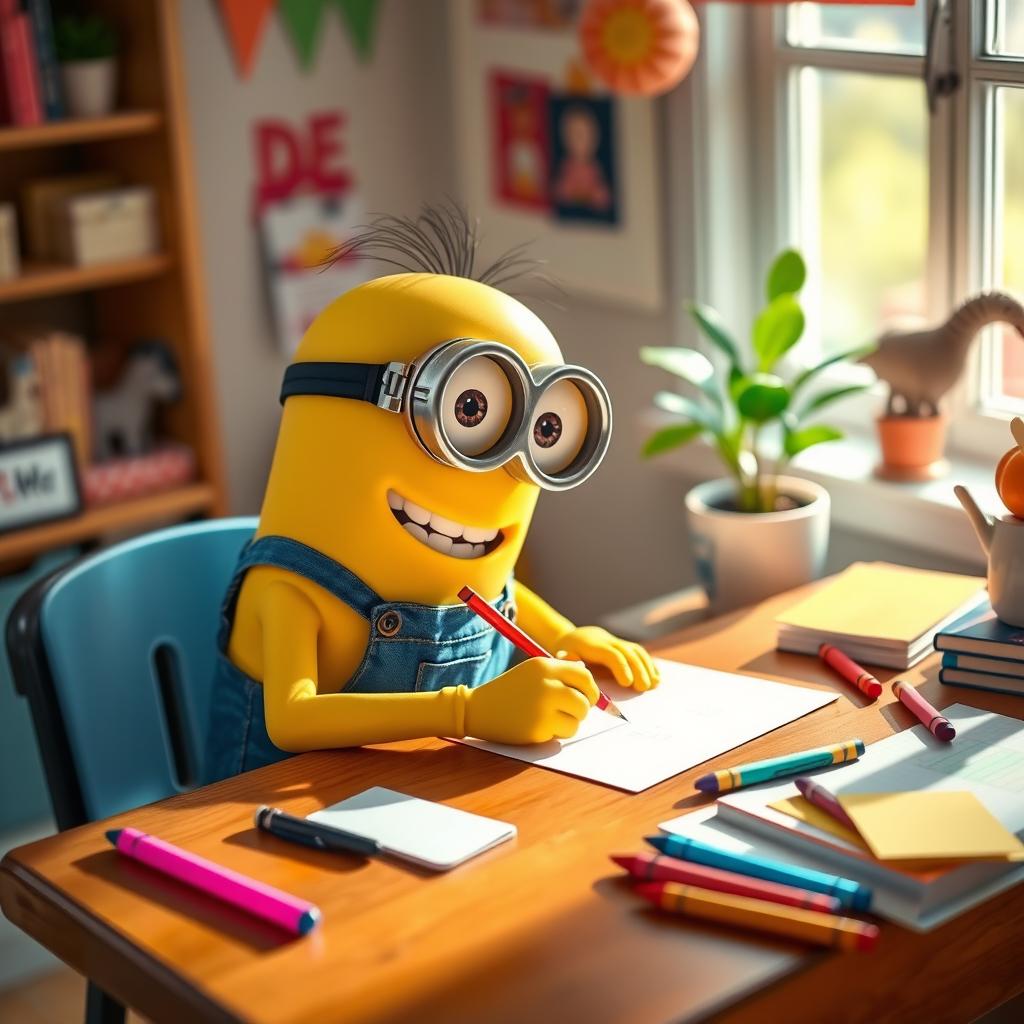 A delightful scene of a yellow minion sitting at a wooden desk, diligently writing with a bright red pencil on a sheet of white paper