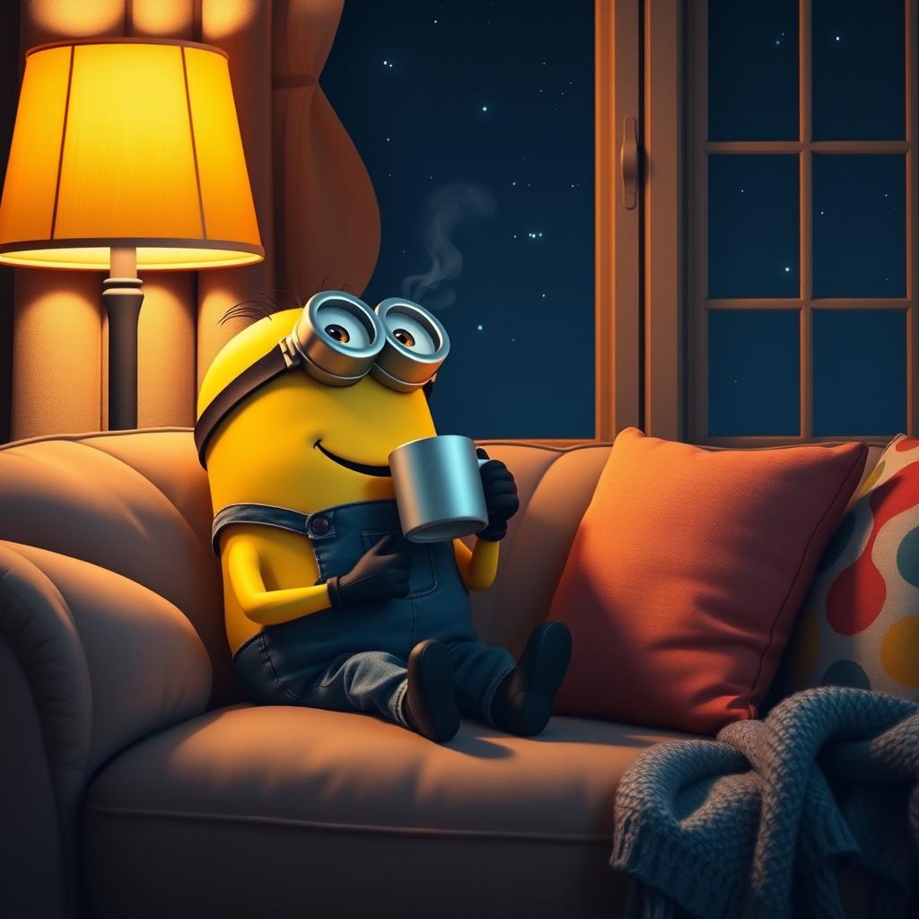 A cozy nighttime scene featuring a cheerful yellow minion sitting comfortably on a plush couch, sipping from a steaming mug