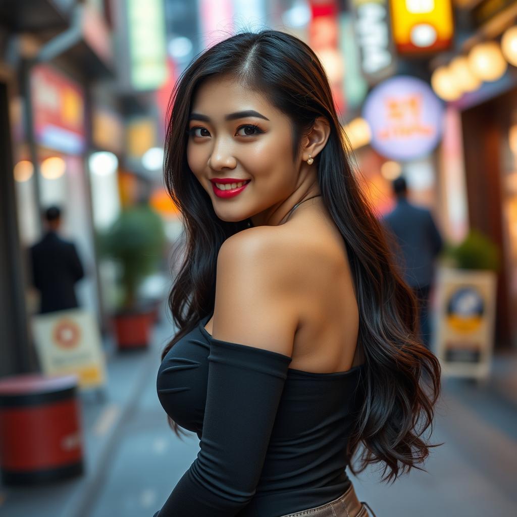 A beautiful Japanese woman with a curvy figure and ample bust, wearing form-fitting clothing that accentuates her attractive silhouette