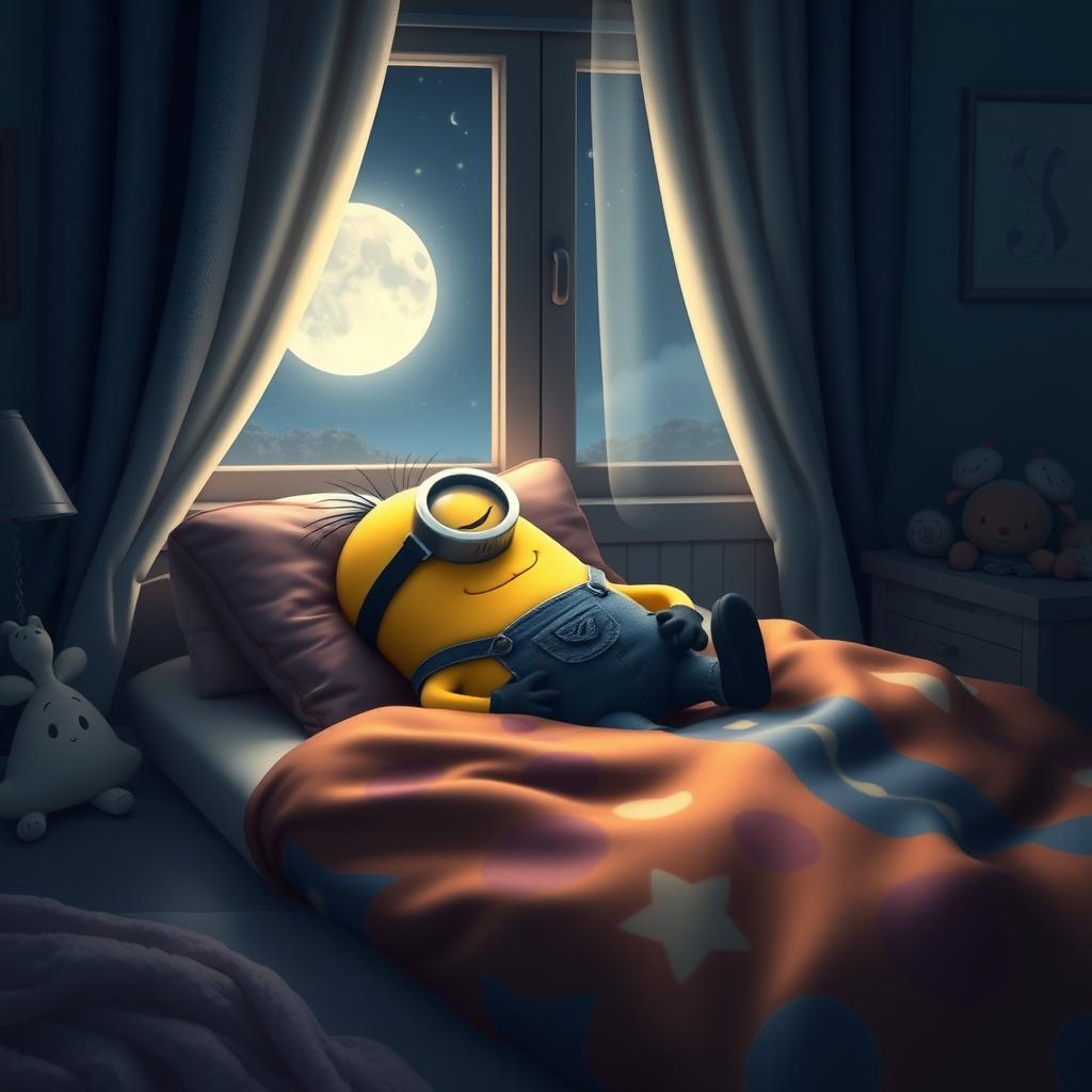 A cozy nighttime scene featuring a cute yellow minion peacefully sleeping under a vibrant, patterned blanket in a snug bed