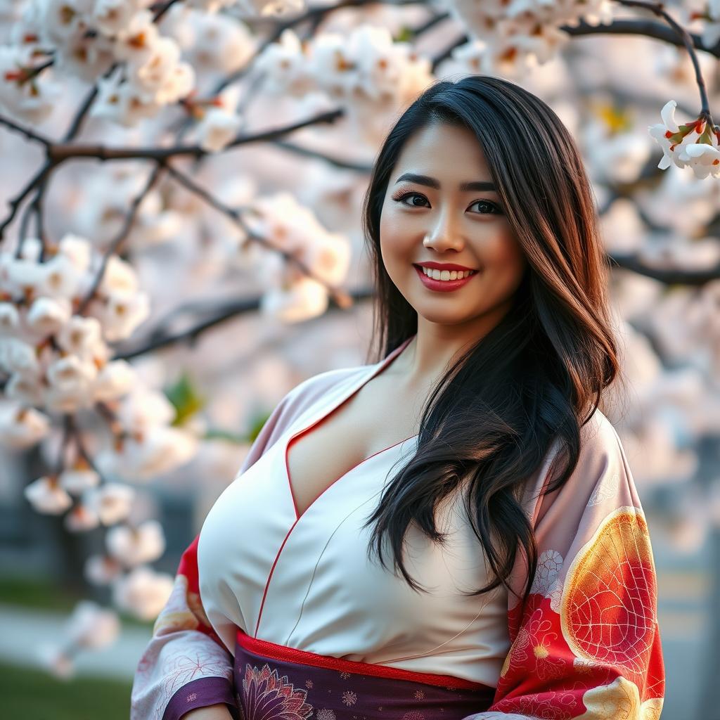 A beautiful Japanese woman with a voluptuous figure, emphasizing her ample chest