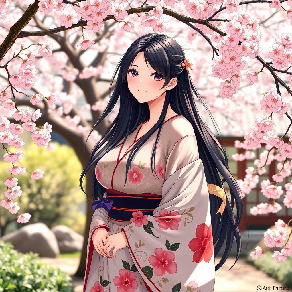 A beautiful Japanese girl with a curvy figure and ample bosom, featuring long, flowing black hair and wearing a stylish kimono adorned with floral patterns