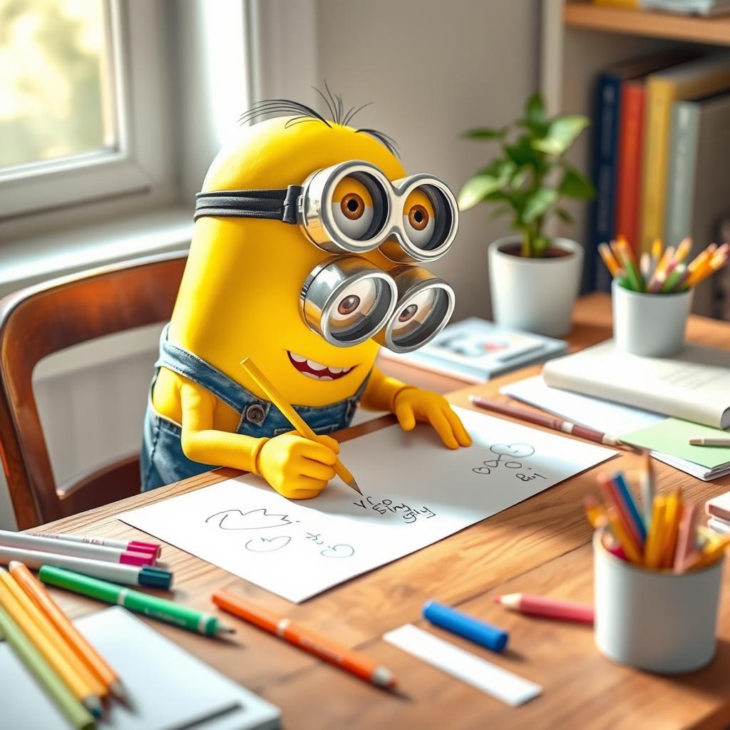 A delightful scene of a yellow minion sitting at a wooden desk, intently writing with a bright yellow pencil on a sheet of crisp white paper
