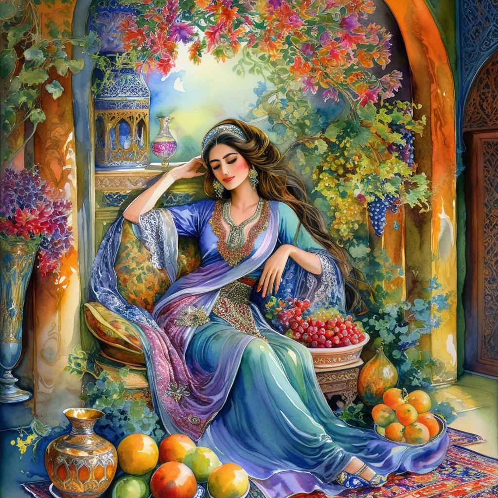 A mystical and spiritual watercolor painting of a beautiful Iranian woman reclining on a royal back inside a beautiful Iranian home with shiny and colorful silk carpets, fruit and grape dishes, traditional vases, and colorful flowers