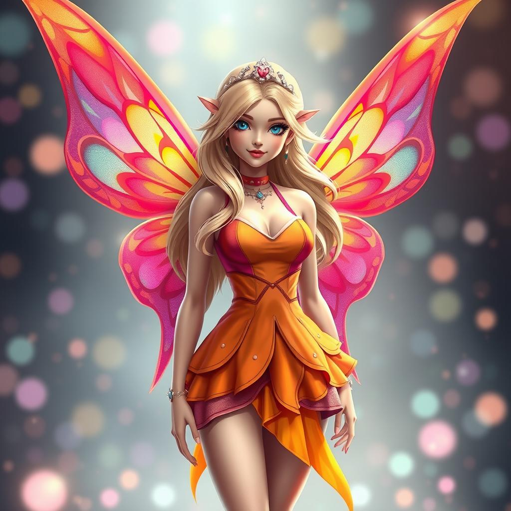 A realistic depiction of a fairy inspired character with large, colorful wings featuring intricate patterns