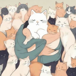 An oversized, gentle cat carefully cradling a tiny human baby in a crowd of other felines.