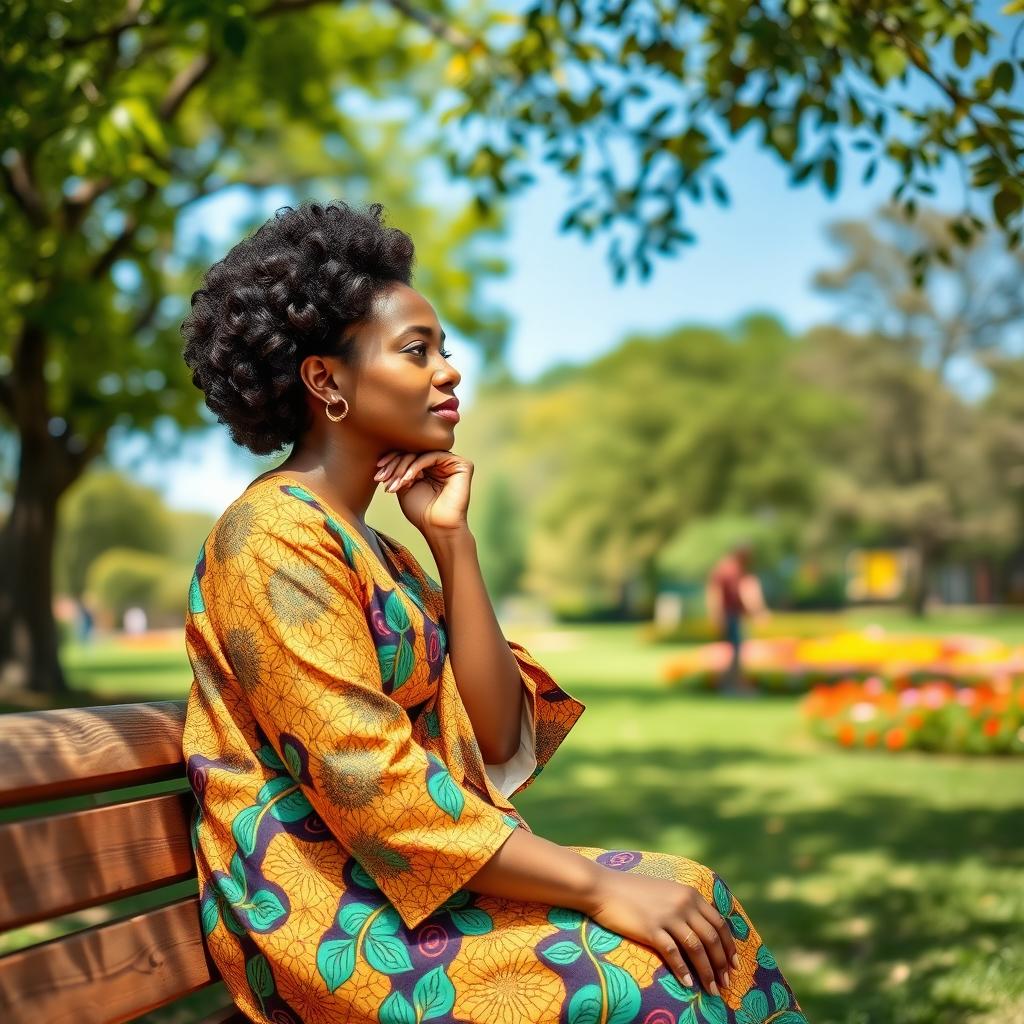 A contemplative African lady sitting gracefully on a wooden bench in a serene park, with her chin resting on her hand, gazing thoughtfully into the distance