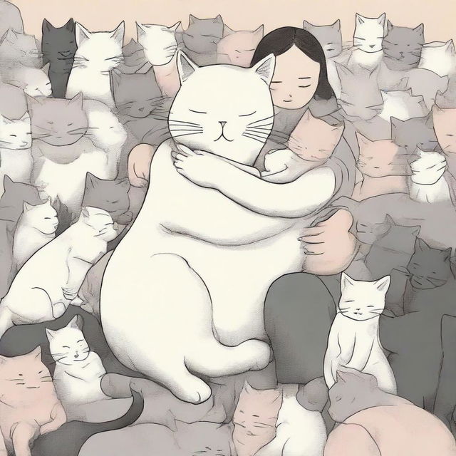 An oversized, gentle cat carefully cradling a tiny human baby in a crowd of other felines.