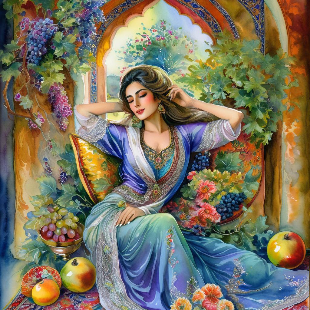 A mystical and spiritual watercolor painting of a beautiful Iranian woman reclining on a royal back inside a beautiful Iranian home with shiny and colorful silk carpets, fruit and grape dishes, traditional vases, and colorful flowers