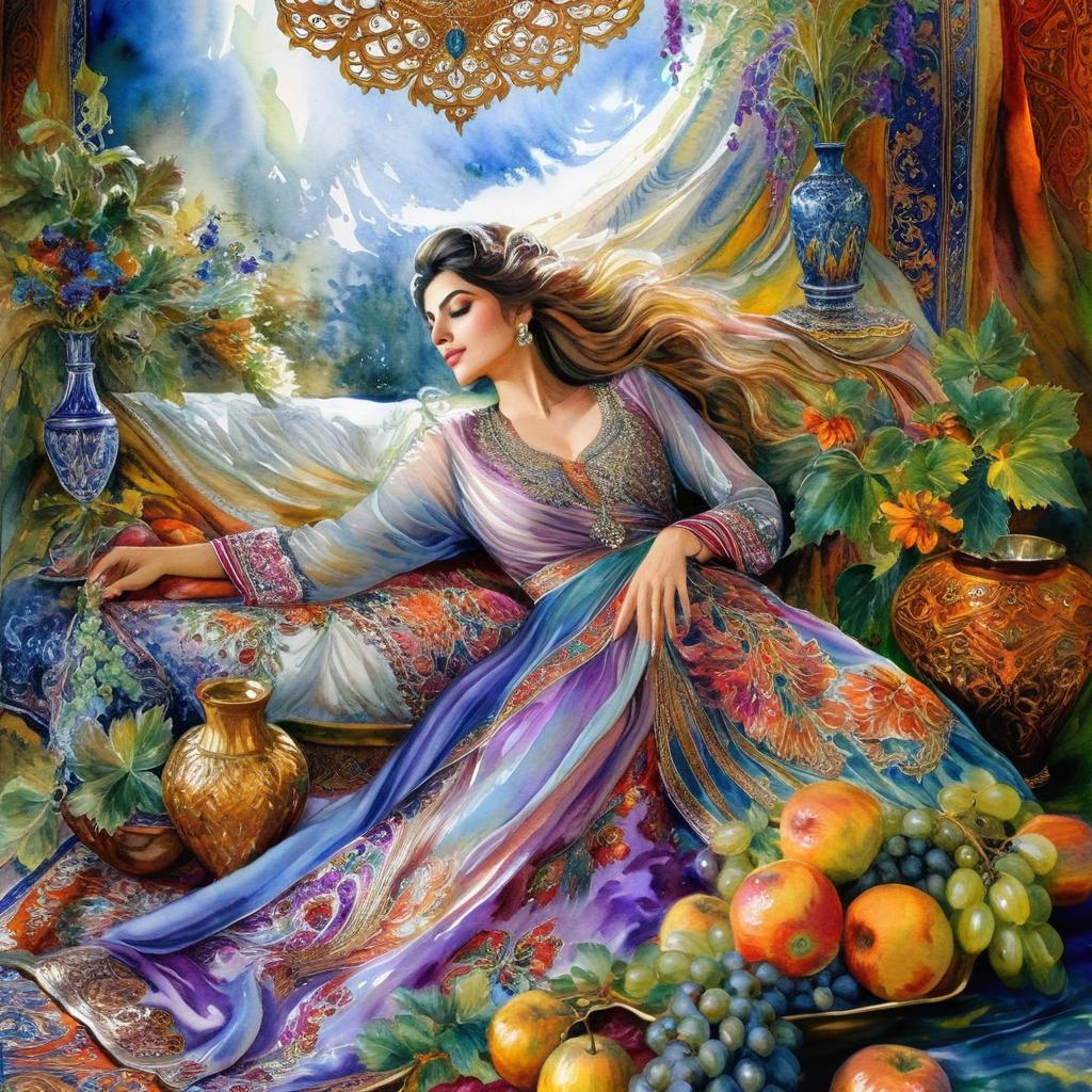 A mystical and spiritual watercolor painting of a beautiful Iranian woman reclining on a royal back inside a beautiful Iranian home with shiny and colorful silk carpets, fruit and grape dishes, traditional vases, and colorful flowers