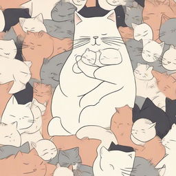 An oversized, gentle cat carefully cradling a tiny human baby in a crowd of other felines.