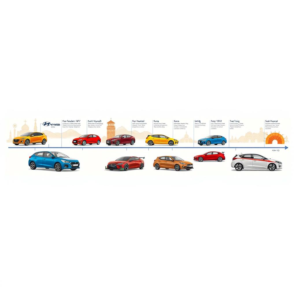 A beautifully illustrated timeline showcasing the history of Hyundai cars from its founding in 1967 to the present
