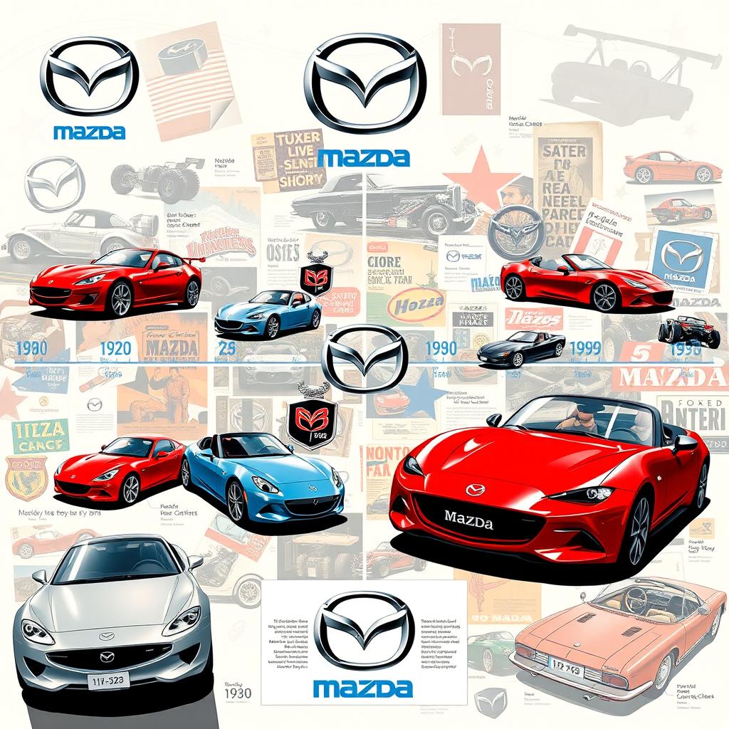 A detailed timeline depicting the history of Mazda cars from the company’s inception in 1920 to the present day