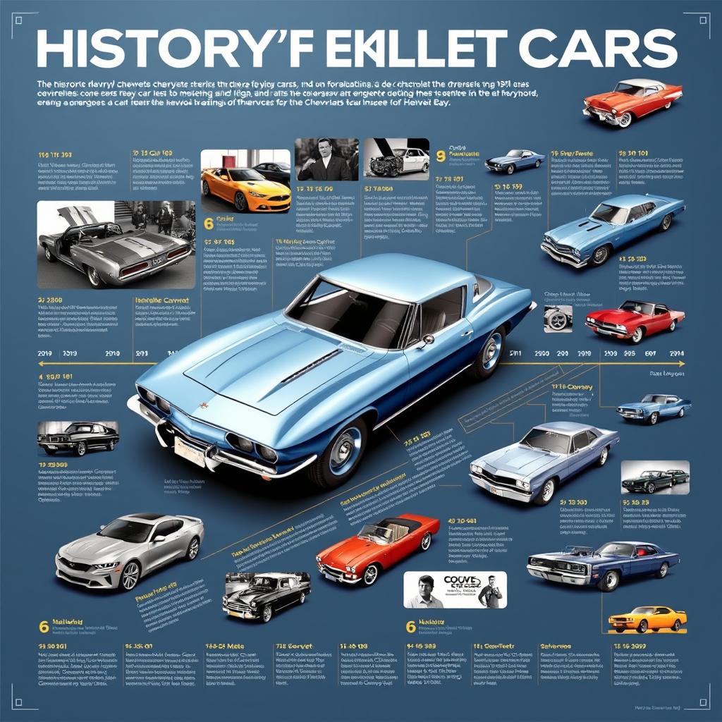 An informative and visually striking poster showcasing the history of Chevrolet cars