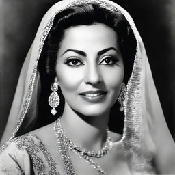 A classic portrait of the iconic Arab singer Oum Keltoum capturing her expressive features and traditional attire