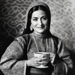 Iconic Arab singer, Oum Keltoum, in traditional attire, holding a steaming cup of Moroccan tea in a classic portrait setting.