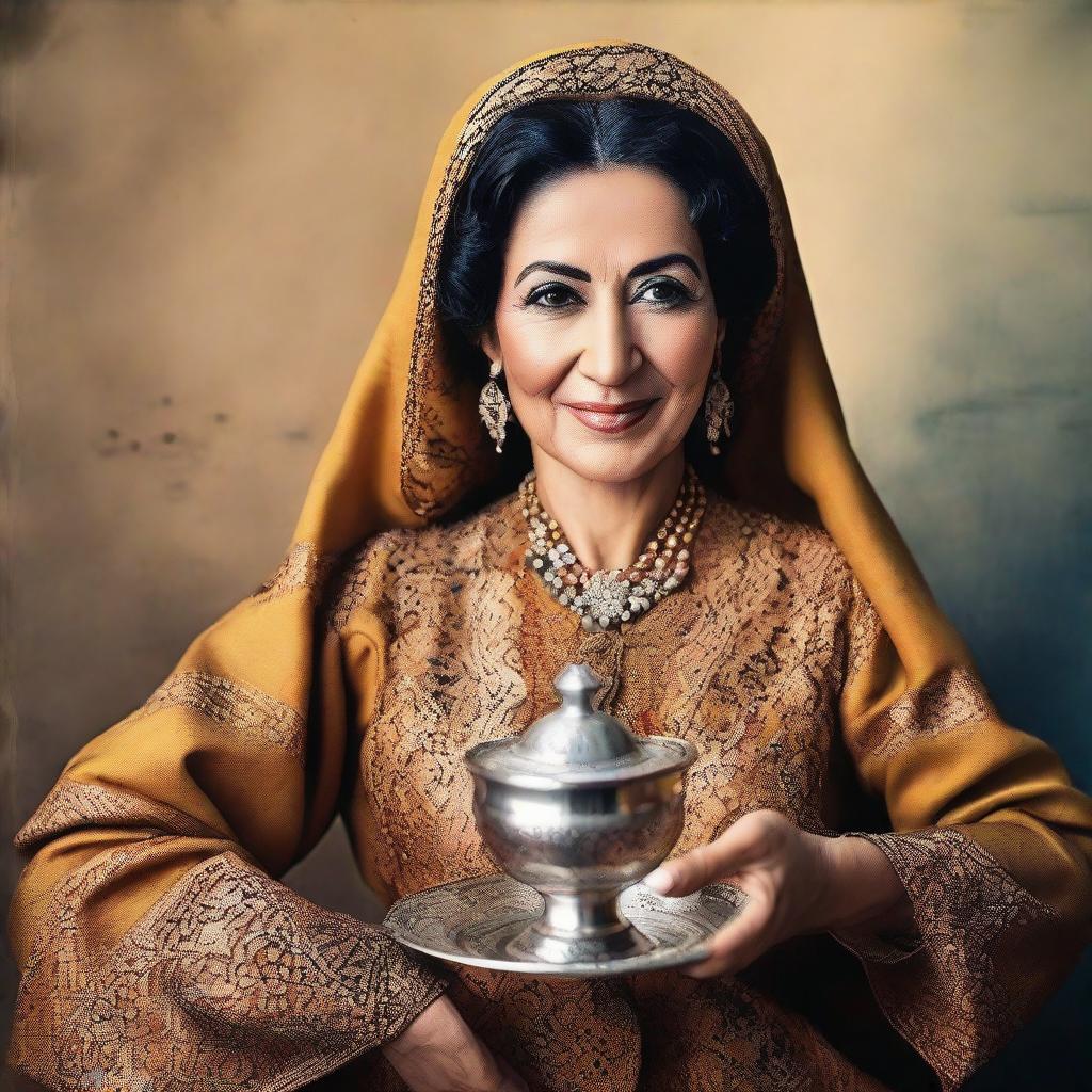 Iconic Arab singer, Oum Keltoum, in traditional attire, holding a steaming cup of Moroccan tea in a classic portrait setting.