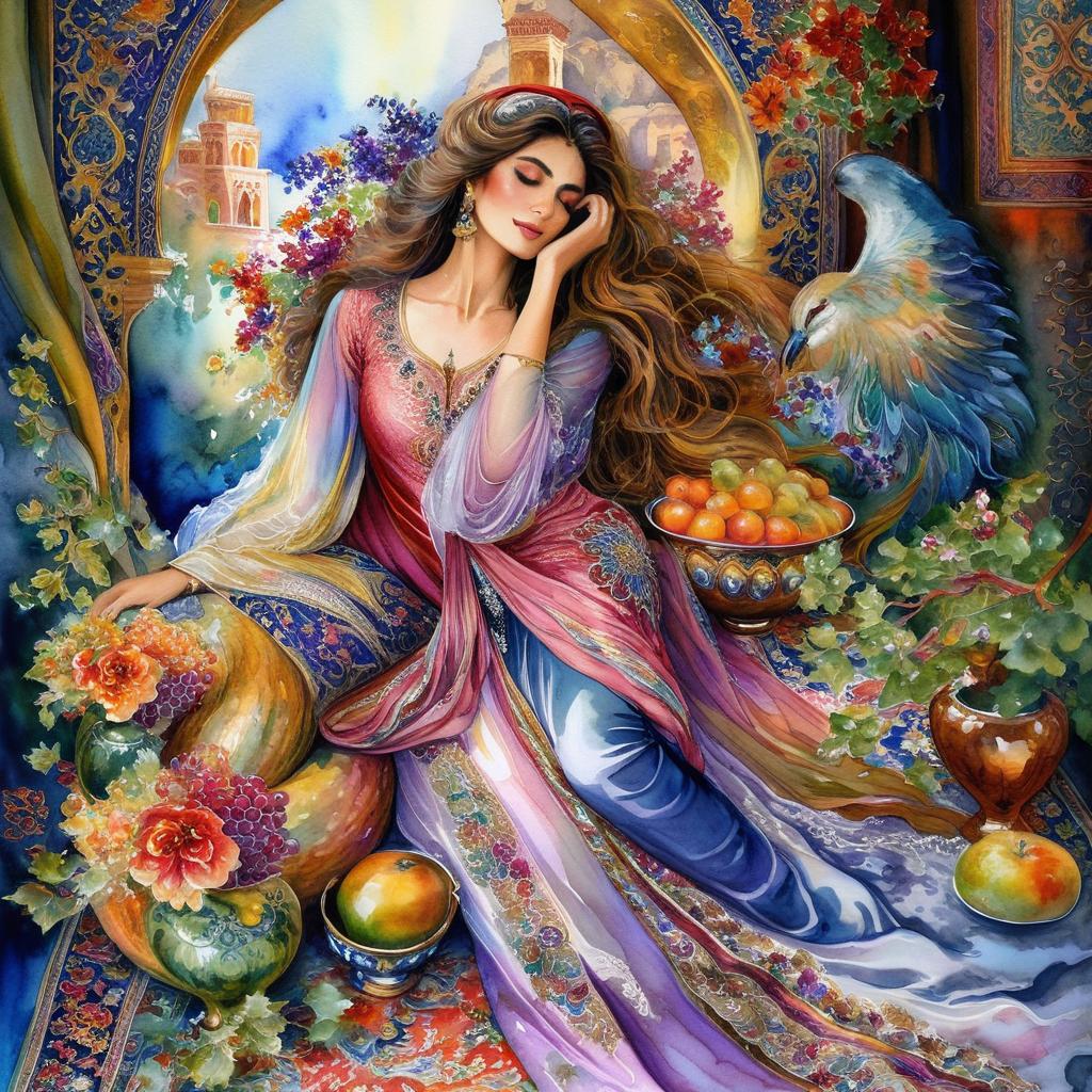 A mystical and spiritual watercolor painting of a beautiful Iranian woman reclining on a royal back inside a beautiful Iranian home with shiny and colorful silk carpets, fruit and grape dishes, traditional vases, and colorful flowers