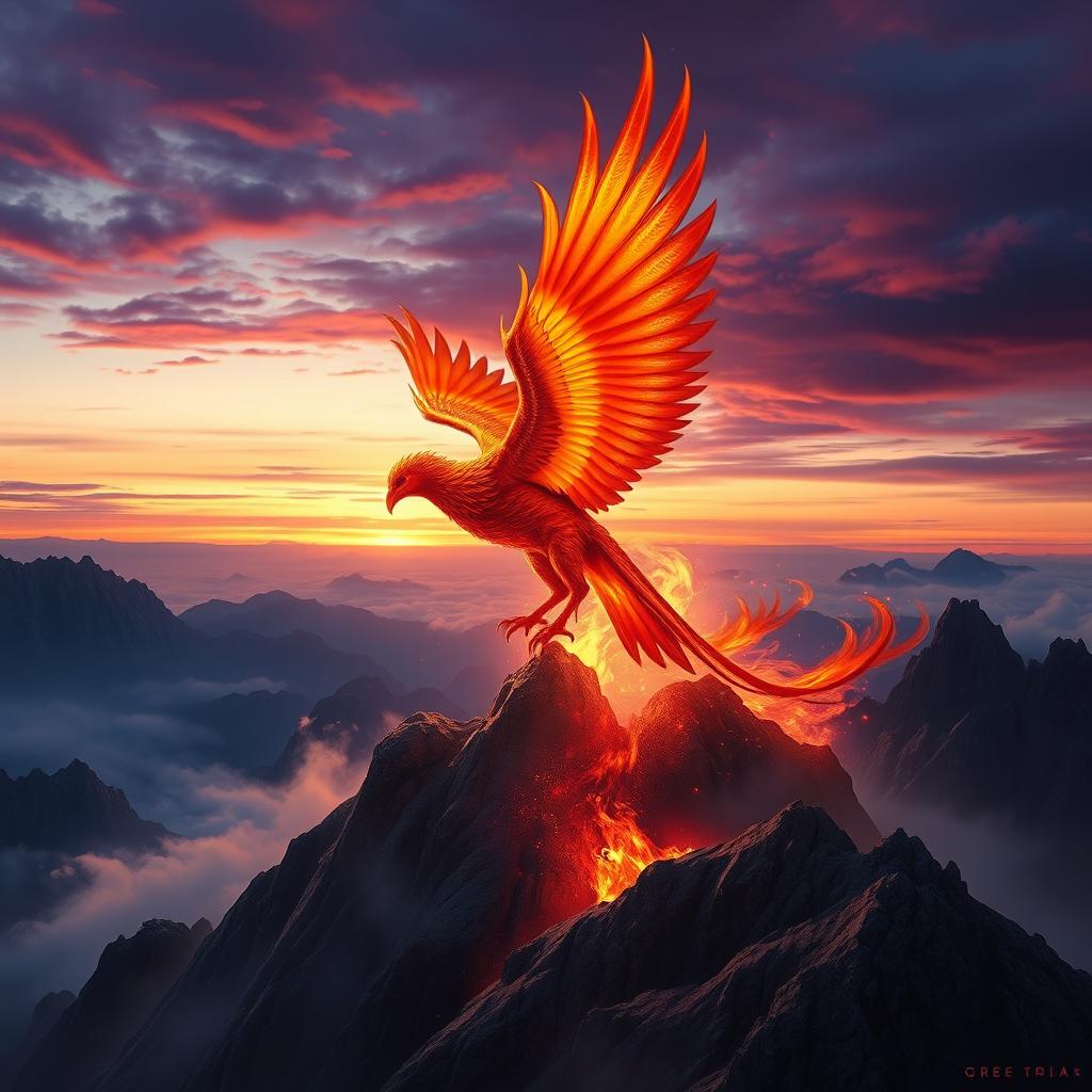 A fantasy scene depicting a majestic phoenix rising from the ashes, surrounded by fiery flames and ethereal smoke