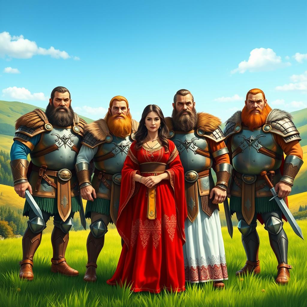 A vibrant and dynamic scene depicting four mighty bogatyrs, each representing strength and valor, standing together in a lush, green landscape