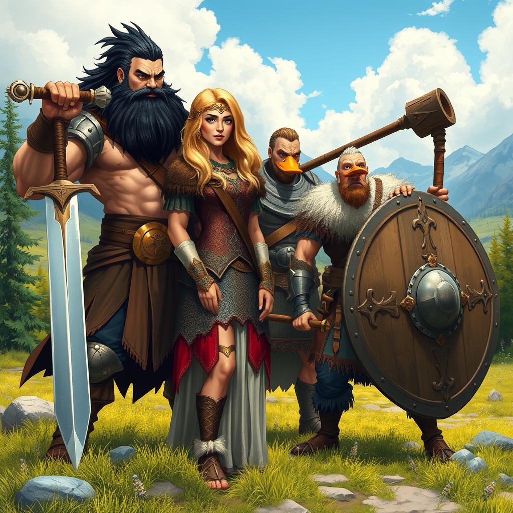 A powerful scene featuring a strong bogatyr with black hair, muscular build, and a beard, wielding a magnificent sword