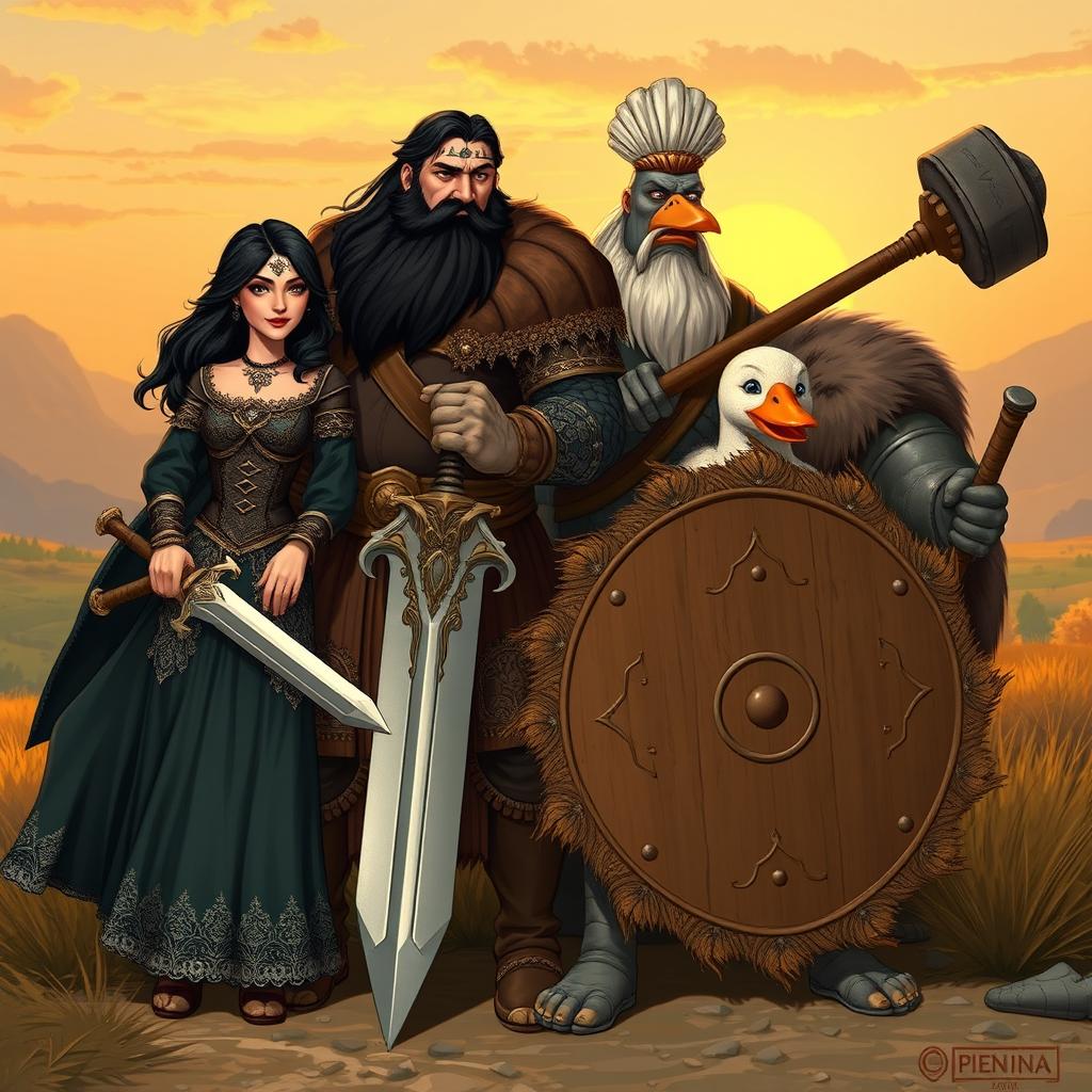 A captivating scene featuring a group of four distinct figures: a robust bogatyr with black hair and a beard, confidently holding a majestic sword, standing alongside his wife, who is elegantly dressed and exudes strength