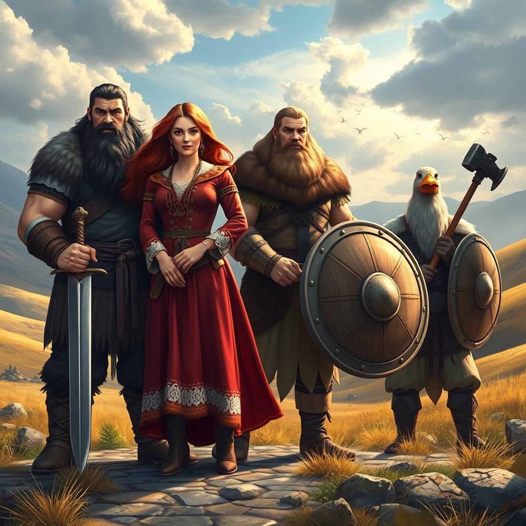An epic scene featuring four distinct bogatyrs standing together in a striking landscape