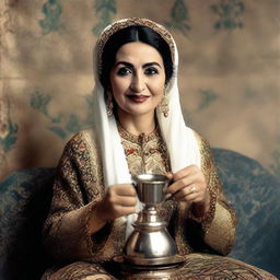 Iconic Arab singer, Oum Keltoum, in traditional attire, holding a steaming cup of Moroccan tea in a classic portrait setting.