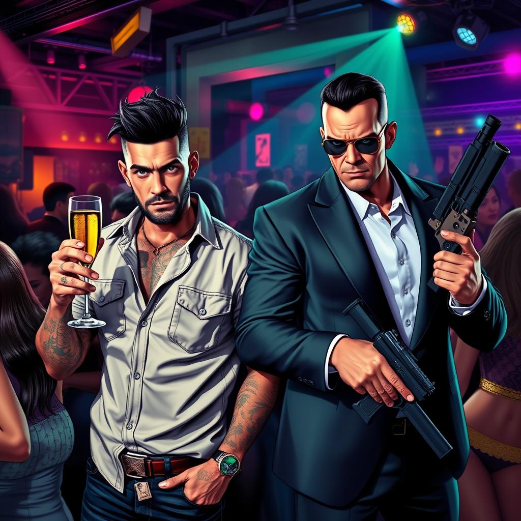 A vibrant club scene featuring two characters with distinct styles
