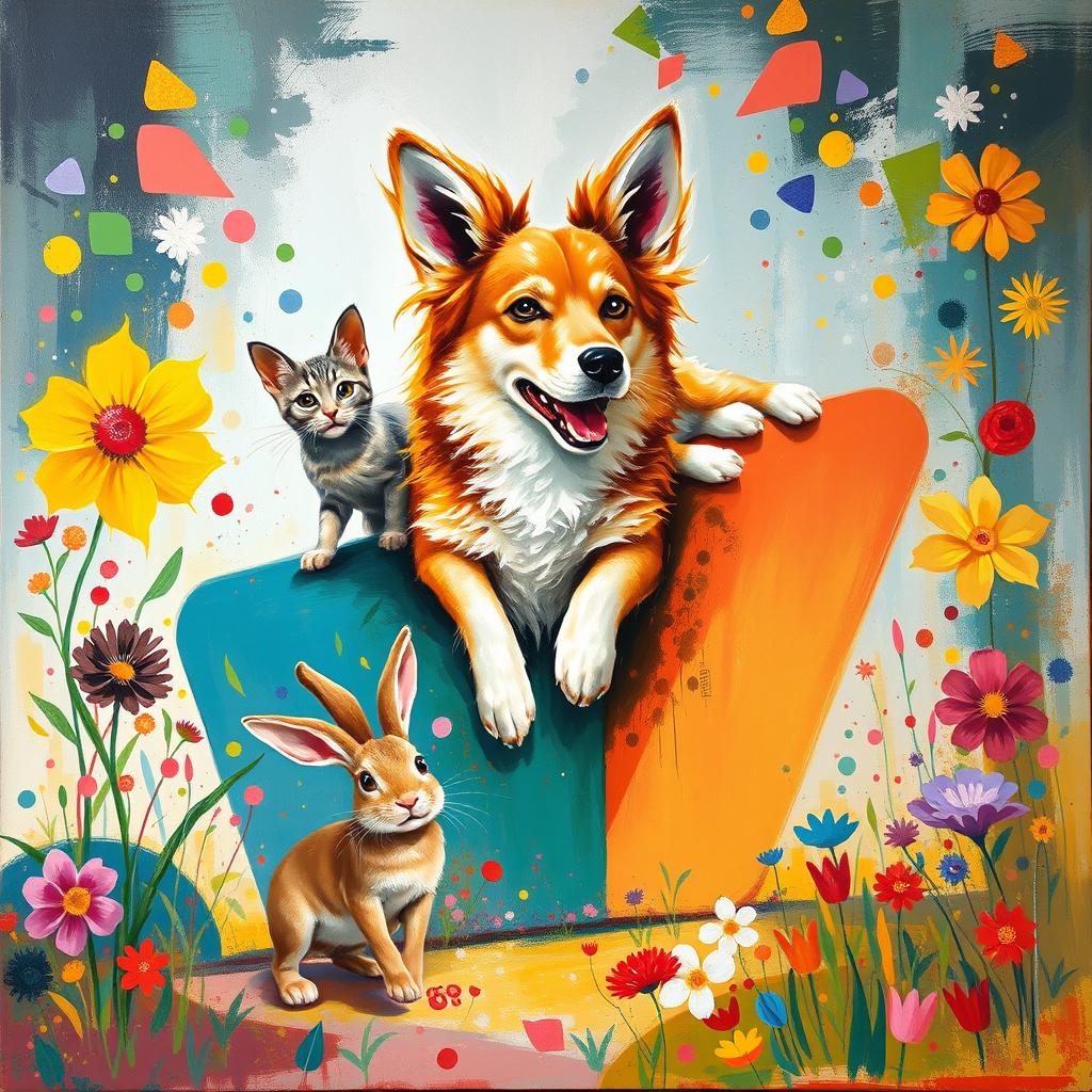 An abstract painting featuring a dingo dog, a cat, and a rabbit in a lively and whimsical composition