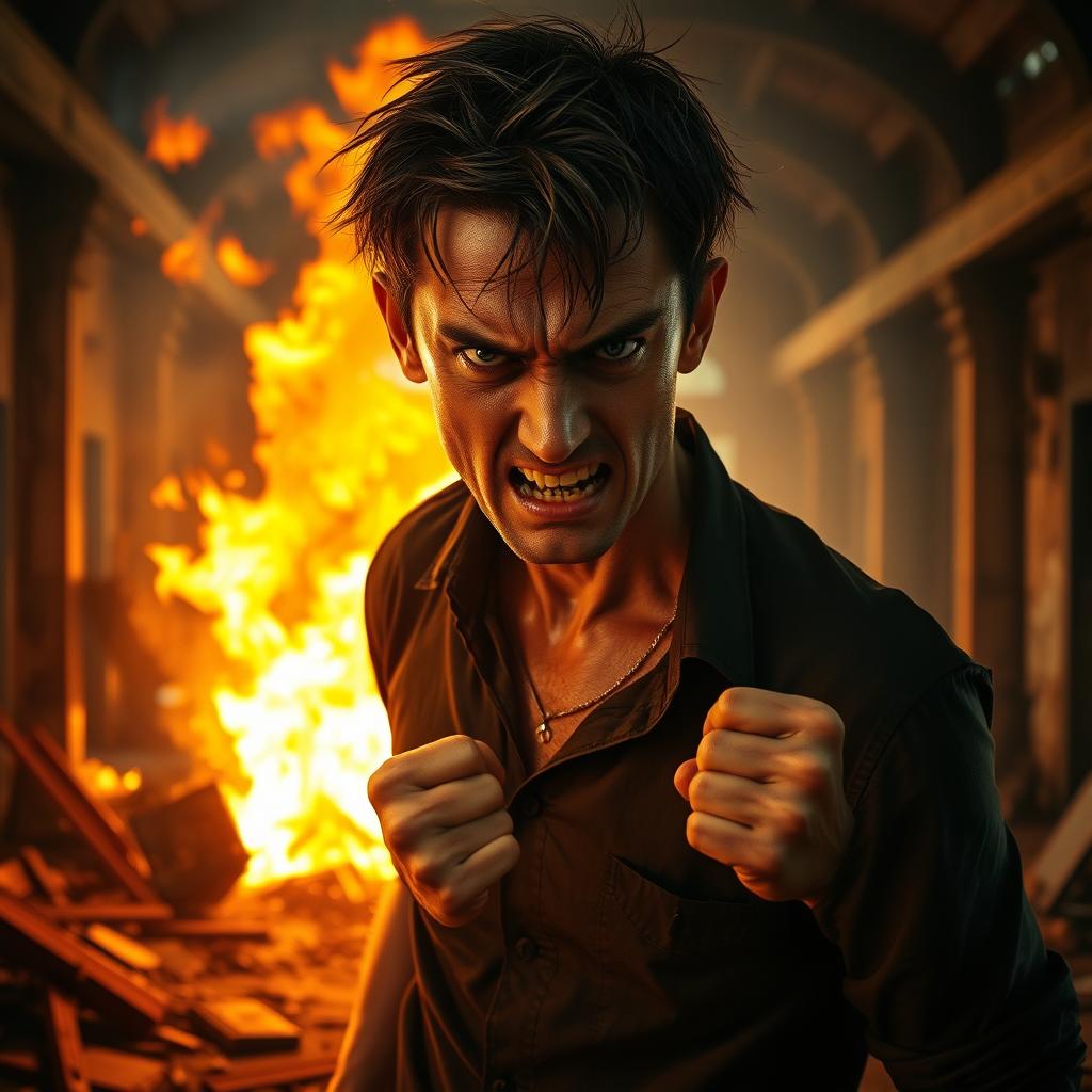 A dramatic scene depicting a male character with an intense expression of anger on his face