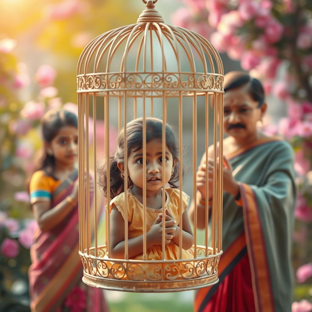 A conceptual image depicting a metaphorical representation of a young girl inside a birdcage (pinjra), symbolizing her feeling of confinement or restriction