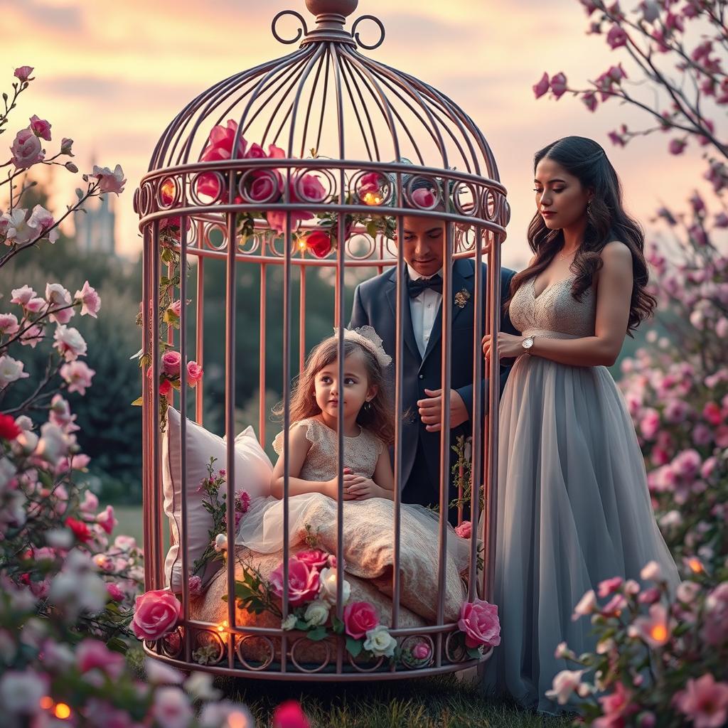 A captivating scene featuring a young girl inside an intricately designed birdcage, filled with vibrant flowers, sparkling lights, and soft cushions