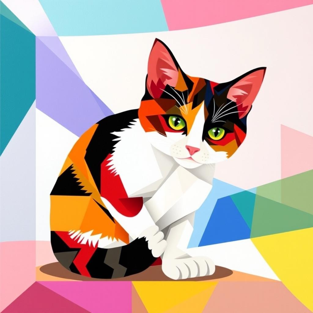 A beautifully crafted geometric painting of a calico cat, featuring bold, colorful patterns that represent the unique tri-color coat of the cat