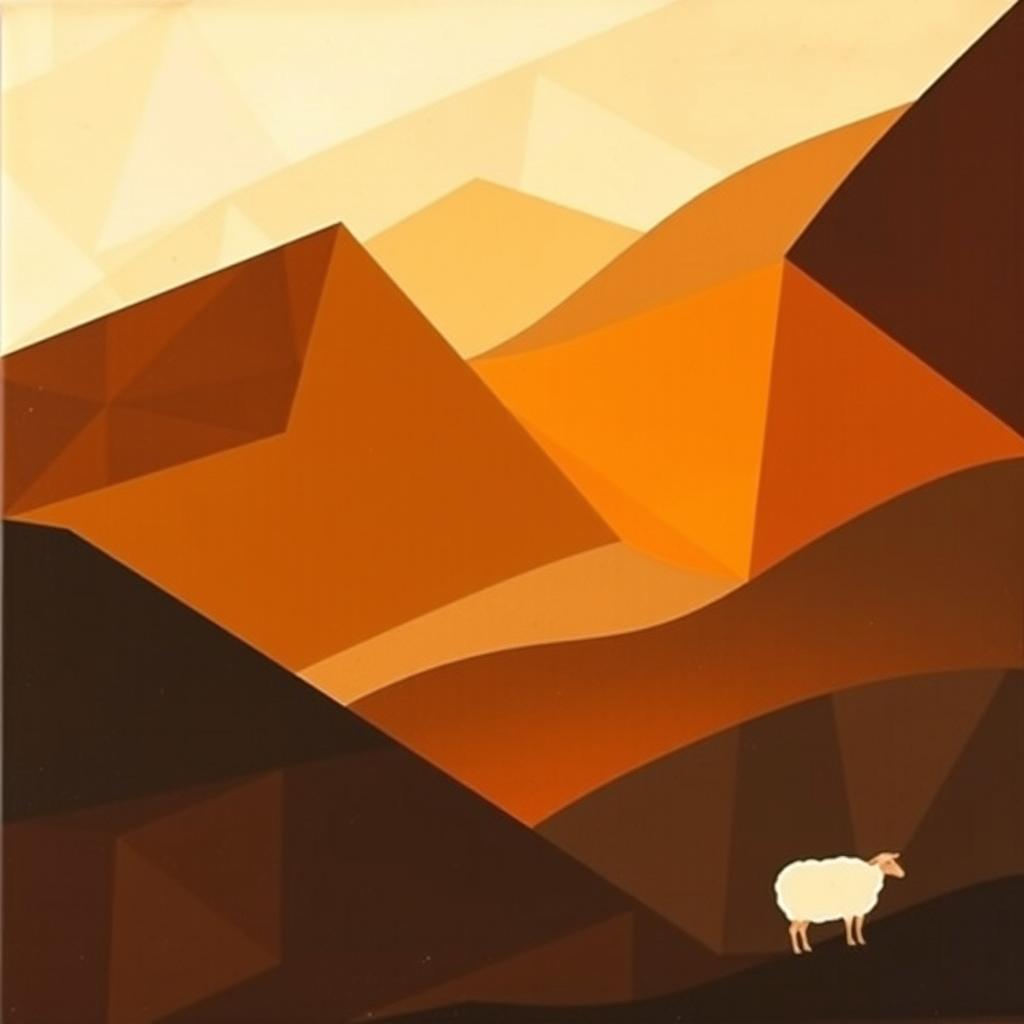 A geometric abstract painting featuring various shades of brown, combining sharp angles, soft curves, and overlapping shapes to create depth and intrigue
