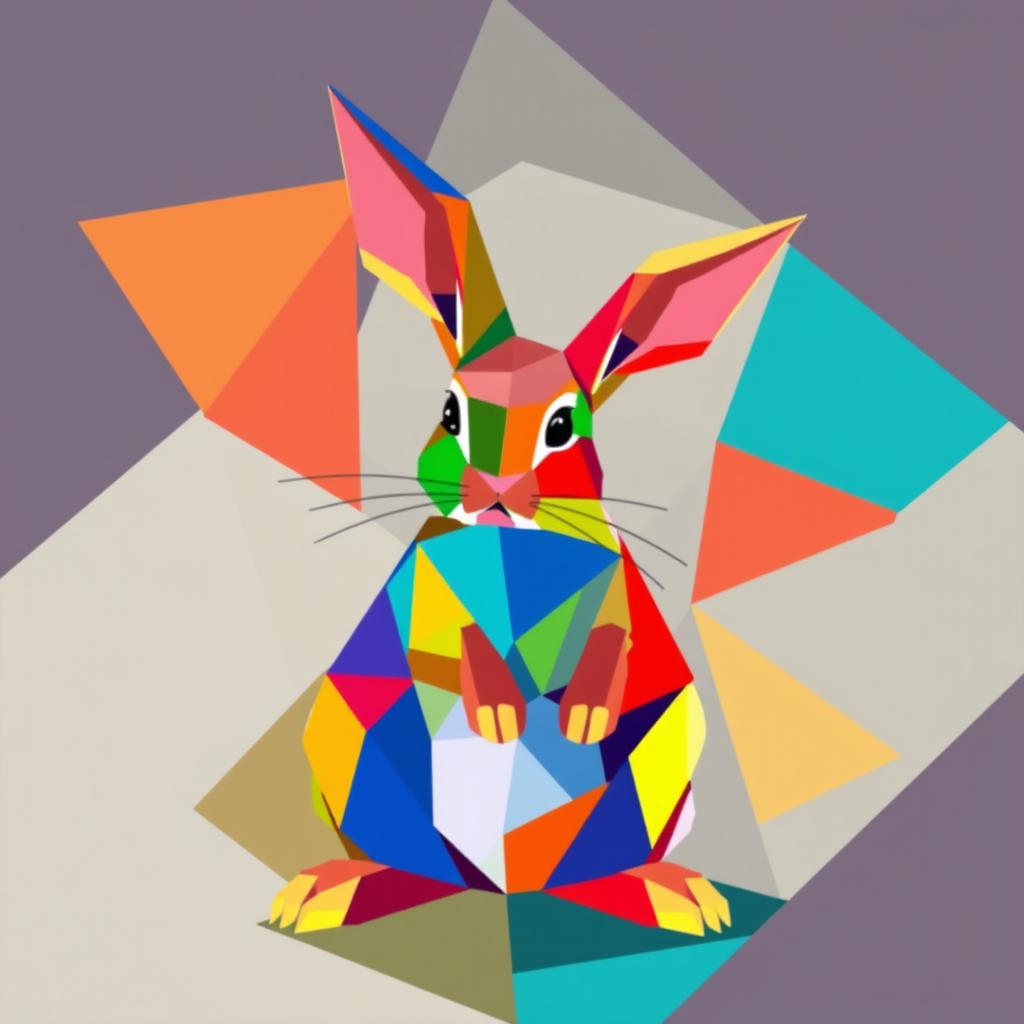 A vibrant geometric artwork of a rabbit, incorporating a variety of colorful shapes and patterns