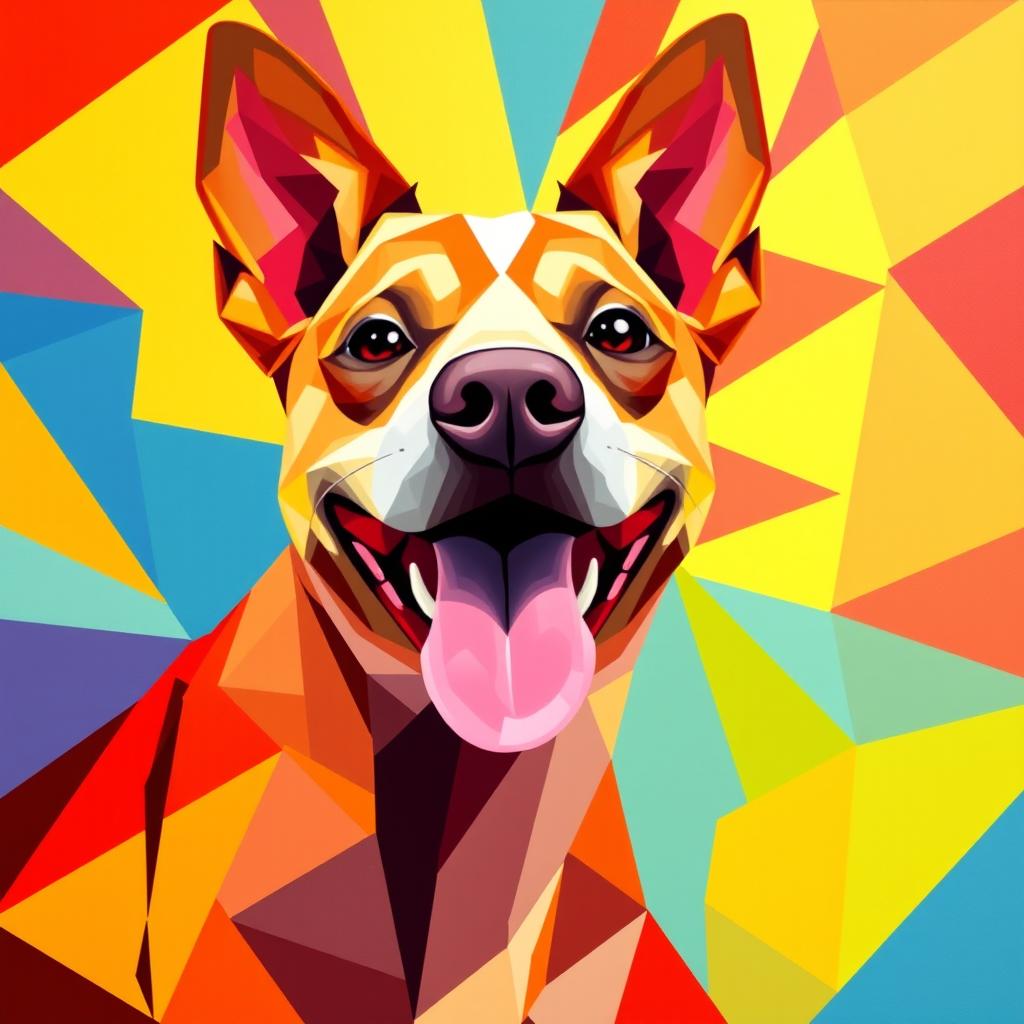 A vibrant geometric painting of a happy dog, featuring bold colors and abstract shapes