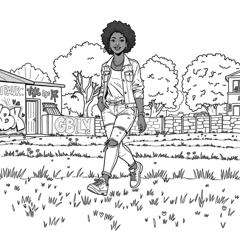 A black woman walking confidently across a field, dressed in casual urban style, featuring elements of a neighborhood setting in a coloring book style