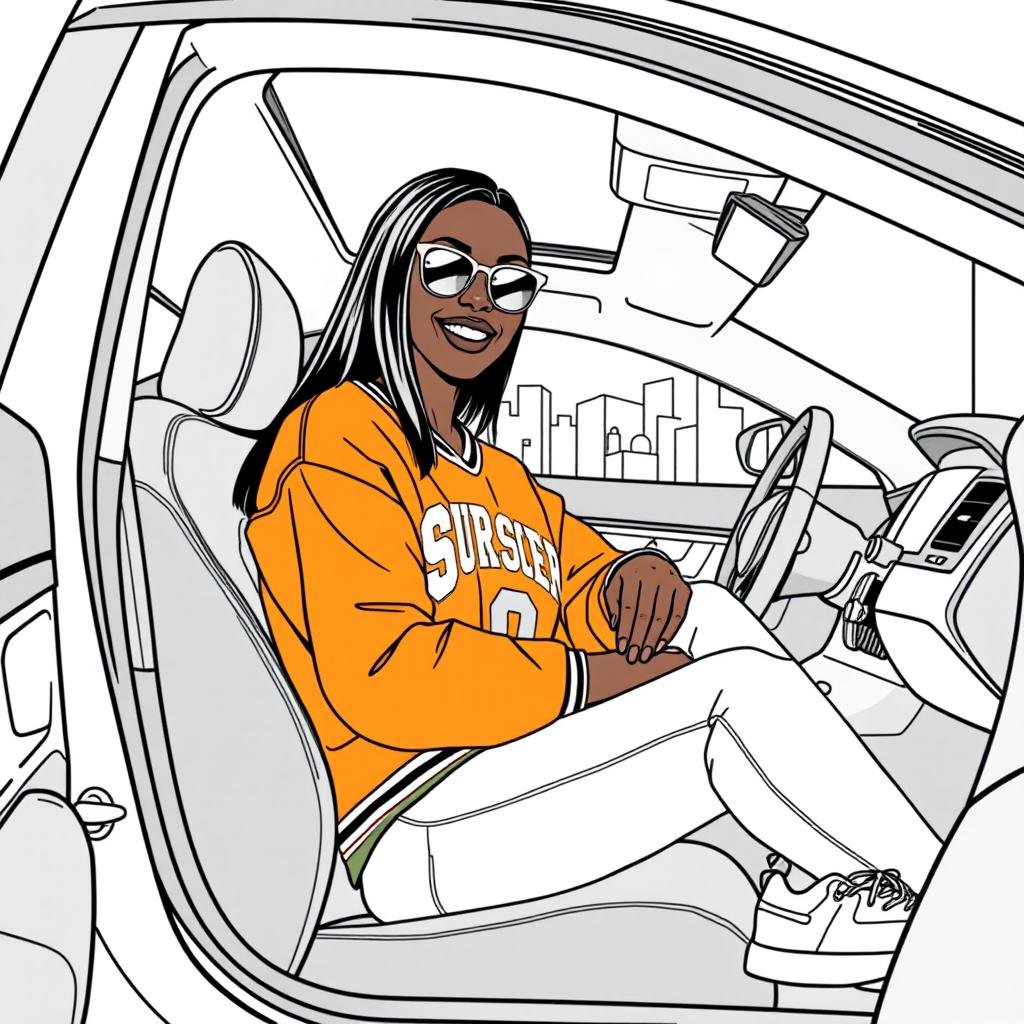 A modern black woman sitting in her stylish car, smiling brightly with a genuine look of happiness